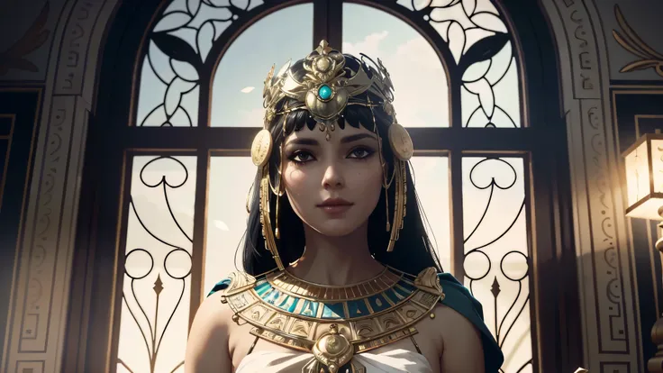 A semi-realistic digital painting of Cleopatra standing in her royal chamber, wearing a golden crown and elaborate Egyptian jewelry. She holds a scroll in one hand and gazes out of a large stone-framed window as sunlight casts shadows on her face. Ornate c...