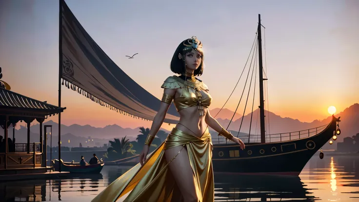 A semi-realistic digital painting of Cleopatra arriving on a golden barge floating on the Nile River. She stands confidently at the front, with silk banners fluttering, incense rising, and servants behind her. The sky glows pink at sunset, reflecting off t...