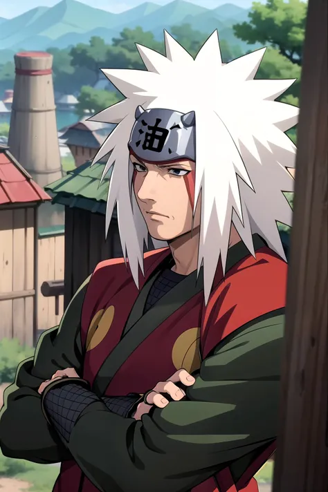 masterpiece, best quality,   jiraiya, 1man,close up high, arms crossed, side angle  konohavillage