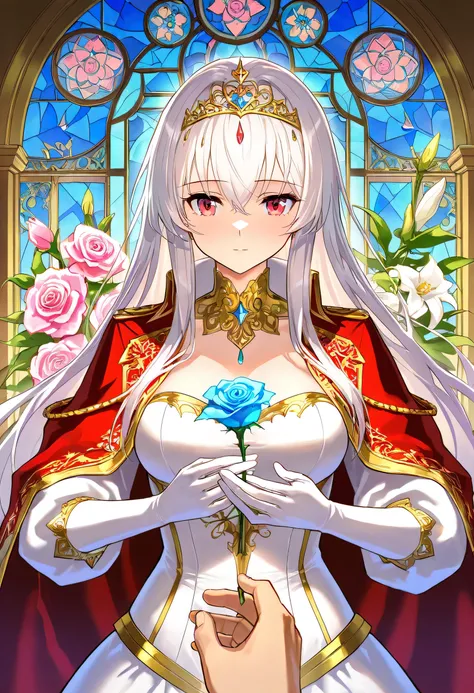 A majestic king and a graceful queen lovingly gazing into each other's eyes with gentle smiles, standing in an opulent royal chamber. The room is lavishly decorated with colorful, blooming flowers roses, peonies, and lilies adorning golden vases and elegan...
