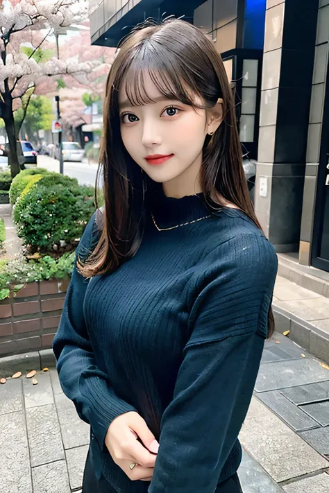 a beautiful woman、woman with a friendly expression、Japanese、 perfect skin、straight and well-kept hairstyle、without makeup、light makeup、Blue Sweaters、((long sleeve black blouse))、((Clothes))、 cherry blossoms in the background 、realistic and detailed photos、...