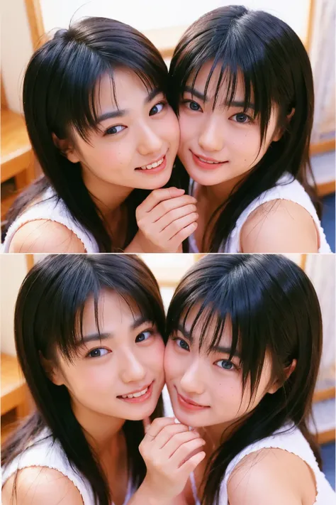 "Vibrant and lively Japanese identical twin sisters, embracing warmly and sharing a loving kiss, in a high-resolution 8K RAW photo with ultra-detail and masterpiece quality:1.2, ensuring realistic and accurate depiction."