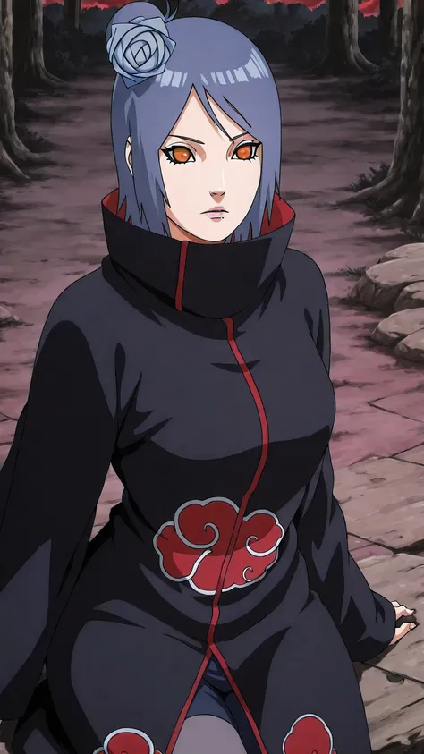 konan, anime style, full-body portrait of a beautiful woman inspired by Konan from Naruto, blue straight medium-length hair with side bangs and a blue paper flower accessory on her head, orange sharp eyes with long lashes, soft facial features, light pink ...