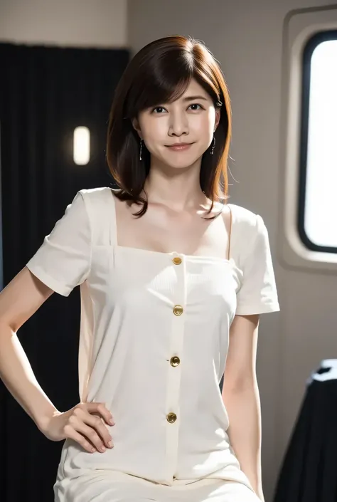 (masterpiece, Highest Quality, 8k, RAW Photo, beautifully、beautiful:1.2), Complicated Details, indirect lighting, realistic, full body,((  sitting on a train chair 、))Staring at the Audience、open legs、 Square Neck Buttoned Linen Sundress, ((Ultra Realistic...