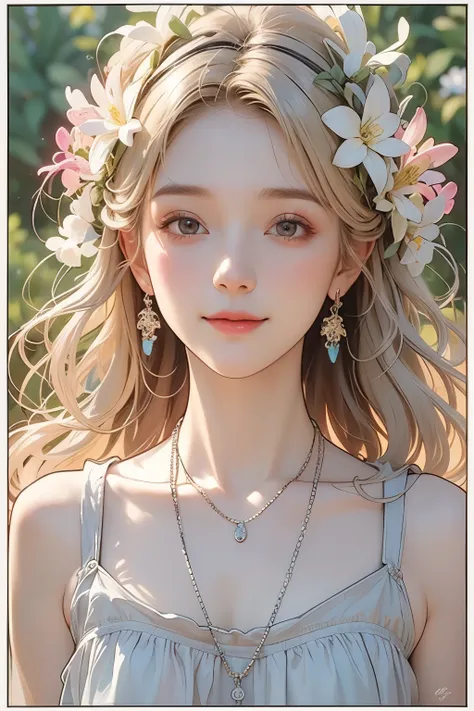 (Oil painting of a young, beautiful woman), striking portrait, pursuit of beauty, (Calm and gentle girlish smile), (Almost straight medium blonde silver-gray hair), (Close-up), (Simple, urban, soft-colored T-shirt), Bright primary colors used partially as ...