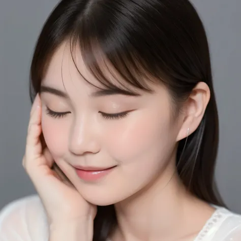NSFW. Her cheeks are covered in a greyish-white mucus. A young woman, blushing slightly, both eyes closed, after being splashed in the face with A pale grayish-white, slightly sticky and viscous liquid, with a cloudy texture. Face slightly tilted up. dark...