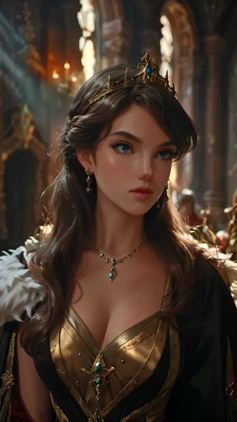 A girl with long golden hair, choppy bangs, Nordic heritage, a petite figure, delicate facial features, pale skin, porcelain skin, an innocent yet determined gaze, she wears an exquisite headband, dressed in a fantasy-style Slavic royal dress, a fur shawl ...