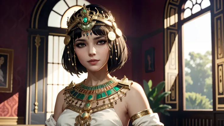 A semi-realistic digital painting of Cleopatra standing in front of a large arched window, wearing a golden crown with emeralds and intricate Egyptian jewelry. She holds a scroll in one hand, gazing confidently ahead with a soft smile. Her white and gold d...