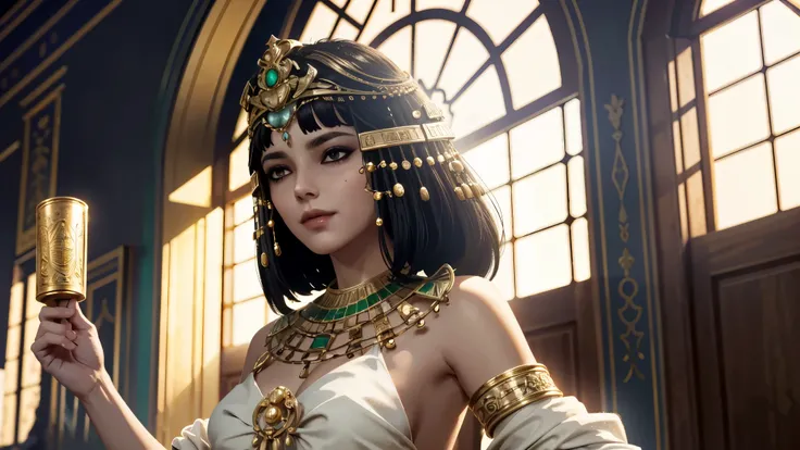 A semi-realistic digital painting of Cleopatra standing in front of a large arched window, wearing a golden crown with emeralds and intricate Egyptian jewelry. She holds a scroll in one hand, gazing confidently ahead with a soft smile. Her white and gold d...