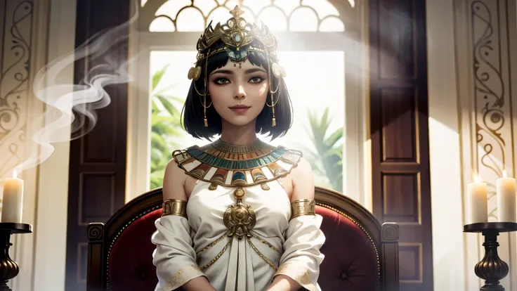 A semi-realistic digital painting of Cleopatra in a candlelit chamber, holding a small incense burner with smoke rising in spirals. She is wearing a translucent white gown with golden embroidery, and gazes gently forward with a mysterious smile. The backgr...