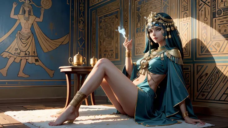 Cleopatra seated at a grand stone table, covered with maps and scrolls, in a torch-lit Egyptian war room. She wears a deep blue and gold robe, looking slightly to the side with a calculating expression. Ancient murals and hieroglyphs line the walls. Soft s...