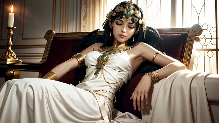 A semi-realistic digital painting of Cleopatra reclining on a white silk-covered couch, wearing a white dress with gold accents and a calm expression. A cobra lies near her wrist. Candlelight and shadows create a soft, solemn atmosphere. Her eyes are close...