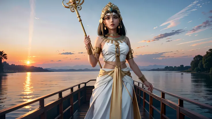 Cleopatra standing on the deck of a golden barge floating on the Nile River at sunset, wearing a flowing royal dress and surrounded by attendants. Silk banners flutter in the breeze. The sky is orange-pink and reflects in the water. She holds a golden staf...