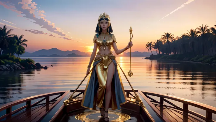 Cleopatra standing on the deck of a golden barge floating on the Nile River at sunset, wearing a flowing royal dress and surrounded by attendants. Silk banners flutter in the breeze. The sky is orange-pink and reflects in the water. She holds a golden staf...