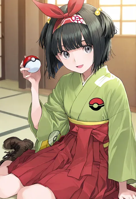 Erika_(pokemon), 1girl, solo, bob_cut, short_hair, black_hair, hair_ornament, straight_hair, blunt_bangs, blunt_ends, two_side_up, hair_ribbon, red_ribbon, alternate_hairstyle, hairband, red_hairband, grey_eyes, eyelashes, kimono, green_kimono, hakama, red...
