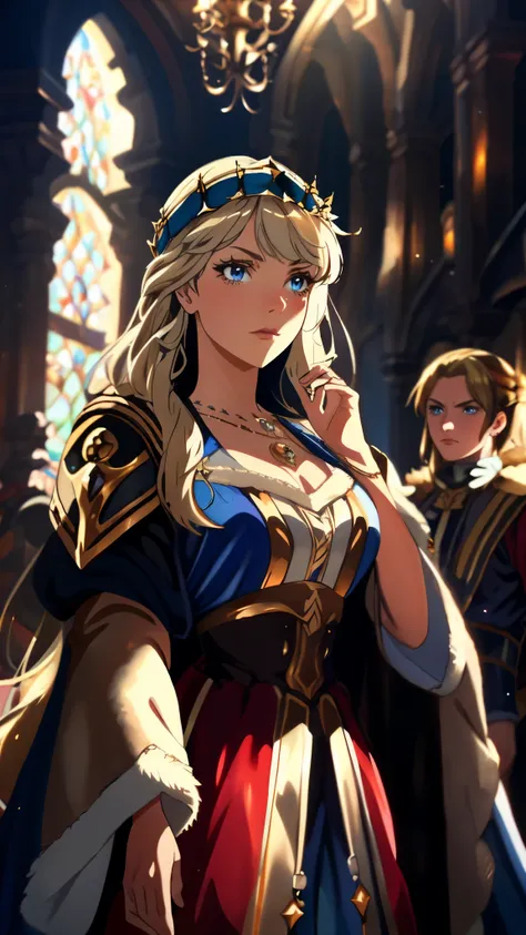 A girl with long golden hair, choppy bangs, Nordic heritage, a petite figure, delicate facial features, pale skin, porcelain skin, an innocent yet determined gaze, she wears an exquisite headband, dressed in a fantasy-style Slavic royal dress, a fur shawl ...