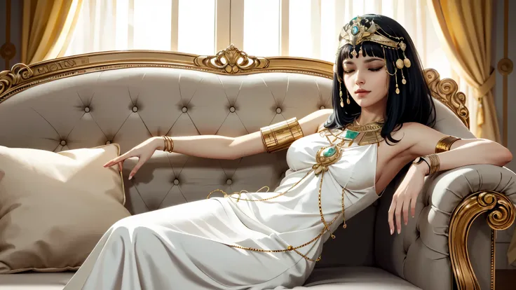 A semi-realistic digital painting of Cleopatra reclining on a white silk-covered couch, wearing a white dress with gold accents and a calm expression. A cobra lies near her wrist. solemn atmosphere. Her eyes are closed, symbolizing her legendary final mome...