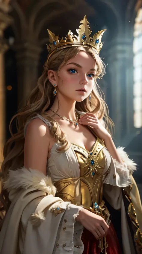 A girl with long golden hair, choppy bangs, Nordic heritage, a petite figure, delicate facial features, pale skin, porcelain skin, an innocent yet determined gaze, she wears an exquisite headband, dressed in a fantasy-style Slavic royal dress, a fur shawl ...