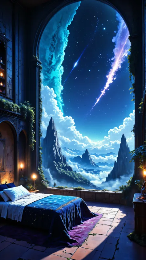 An enchanted stargazing bedroom inside a high fantasy tower overlooking the cosmos. The walls are made of ancient carved stone infused with luminous silver veins. A plush bed with floating sheets and embroidered celestial patterns sits beside a large teles...