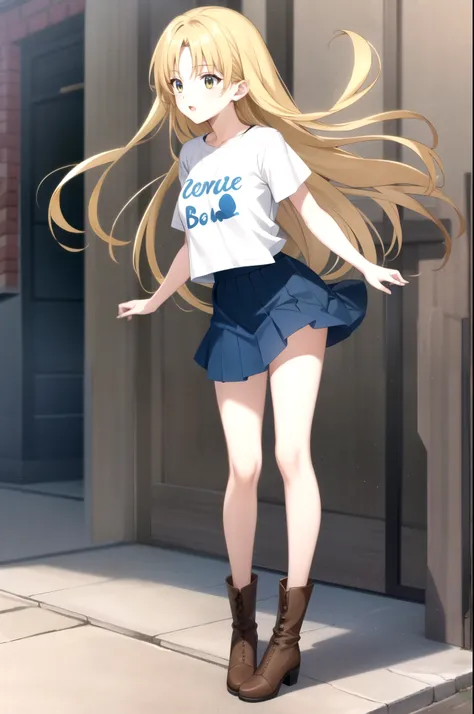 1girl, standing (Anatomically Correct body 1.6 ) Blonde anime girl with long hair of (yellow eye Navy blue t-shirt and light blue skirt (color) And brown boots 1.6)