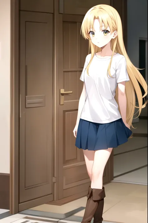 1girl, standing (Anatomically Correct body 1.6 ) Blonde anime girl with long hair of (yellow eye Navy blue t-shirt and light blue skirt (color) And brown boots 1.6)