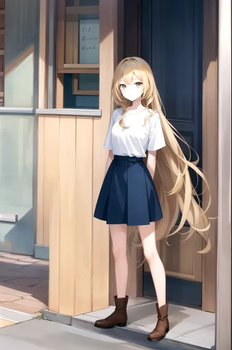 1girl, standing (Anatomically Correct body 1.6 ) Blonde anime girl with long hair of (yellow eye Navy blue t-shirt and light blue skirt (color) And brown boots 1.6)