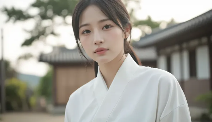 a beautiful Korean woman in her early 30s during the 1950s, long black hair tied back into a simple low bun, no bangs, forehead fully visible, wearing a clean white hanbok jeogori (traditional jacket) without any patterns or color, paired with a black chim...