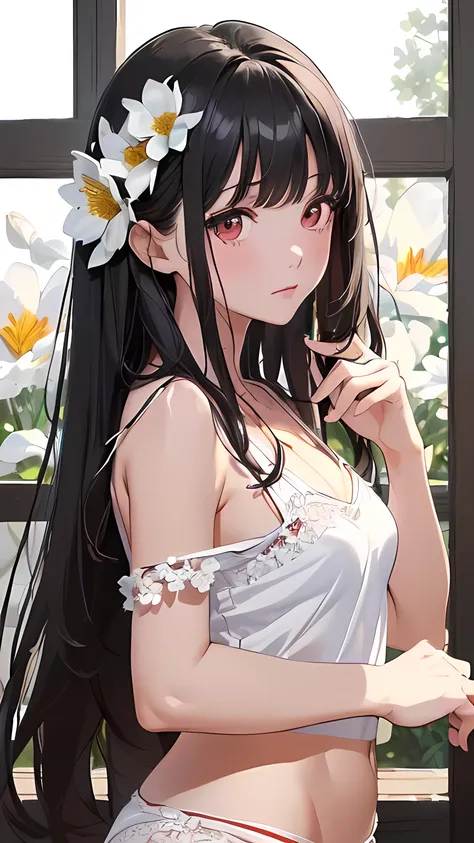 (8k、Highest Quality、masterpiece:1.super detailed 、super res、realistic、Anime Coloring:1.2, (1 girl)  、(black hair)、long hair, Straight Hair, red eyes、(amount:1.3), (Face Focus, cowboy shot),(white camisole white panties:1.3)、( bright face:1.3), cute face,、s...