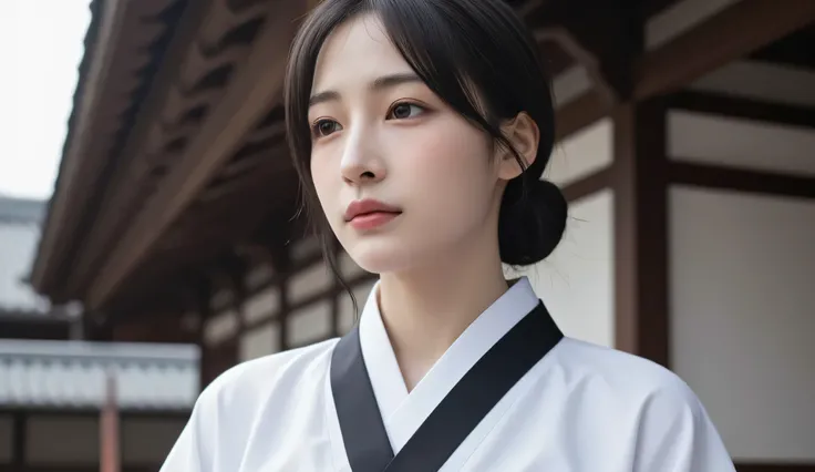 a beautiful Korean woman in her early 30s during the 1950s, long black hair tied back in a low bun, no bangs, forehead exposed, wearing a white hanbok jeogori and black chima, no makeup, gentle and calm expression, cinematic soft lighting, standing in a 19...
