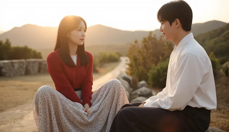 same woman, sitting across from a young Korean man on a stone wall in a countryside path, both smiling faintly, soft eye contact, warm golden hour light, traditional 1950s Korean clothing, peaceful rural backdrop
