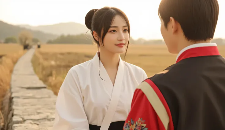 a beautiful Korean woman in her early 30s during the 1950s, long black hair tied back in a traditional bun with no bangs, wearing a plain white hanbok jeogori and a black chima, clear skin with no makeup, smiling softly as she sits across from a young Kore...
