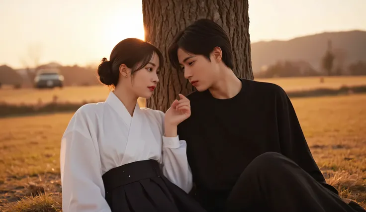 a beautiful Korean woman in her early 30s in the 1950s, wearing a clean white hanbok jeogori and black chima, with long black hair tied back in a low bun, no bangs, her expression serene and affectionate, sitting beneath a tall tree next to a young Korean ...