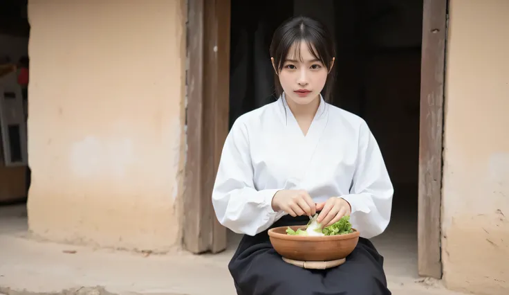 a beautiful Korean woman in her early 30s living in 1950s rural Korea, her long black hair tied into a low traditional bun with no bangs, wearing a pure white hanbok jeogori and black chima, sleeves slightly rolled up, sitting on a small wooden stool in fr...