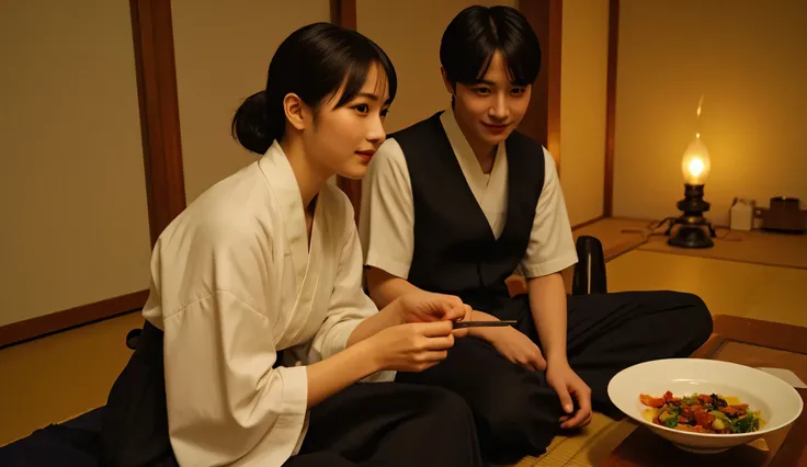a beautiful Korean woman in her early 30s from 1950s Korea, with neatly tied back black hair and no bangs, wearing a traditional white hanbok jeogori and black chima, seated on the floor across from a young Korean man inside a humble wooden house, both smi...