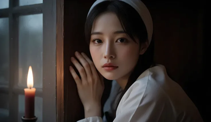 a Korean woman in her early 30s during the 1950s Korean War, wearing a white hanbok jeogori and black chima, her hair now covered with a loosely tied white headscarf, forehead clearly visible, sitting beside a paper window with a single candle flickering, ...