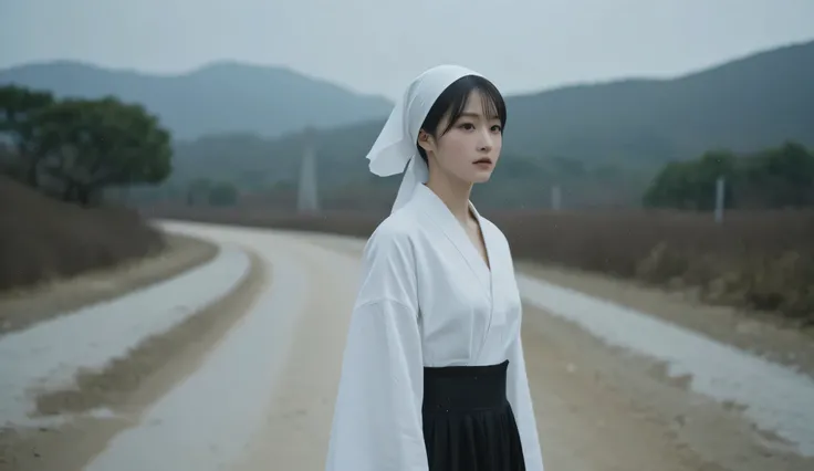 a Korean woman in her early 30s in 1950s Korea, dressed in a soaked white hanbok jeogori and black chima, white cloth headwrap clinging to her hair, standing alone in the rain on a dirt road, water dripping from her sleeves, expression blank and distant, t...