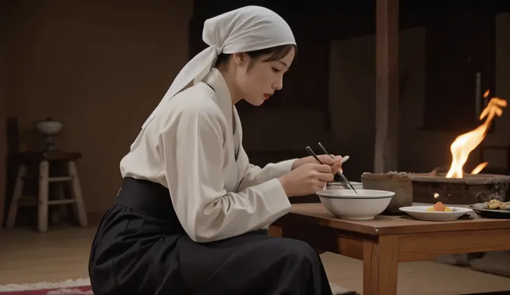 a Korean woman in her late 30s during the 1950s, wearing a white hanbok jeogori and black chima with a white headscarf, setting two bowls on a traditional low wooden table, but only one seat is occupied, she sits down slowly and eats without looking up, di...