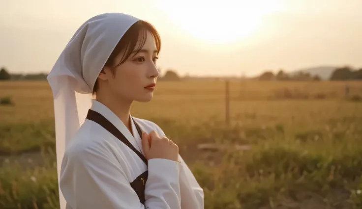 a Korean woman in her early 30s during the 1950s, dressed in a white hanbok jeogori and black chima, her hair wrapped in a traditional white cloth headscarf, standing motionless in an open field at dusk, the wind gently moving her clothes, gazing into the ...