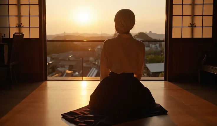 a Korean woman in her early 30s, hair covered with a white headscarf, dressed in plain white hanbok jeogori and black chima, seen from behind sitting on a wooden floor near the window, the warm orange light of sunset bathing the room, her shadow stretching...