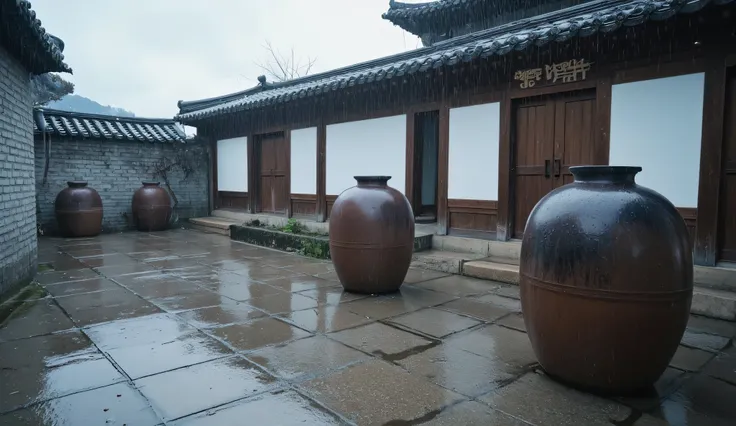 a rainy Korean courtyard from the 1950s, raindrops falling into shallow puddles on the stone ground, large traditional jars (jangdok) wet with fresh rain, gray skies and overcast lighting, melancholic and quiet mood, no people