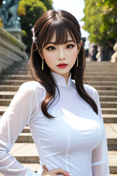 Highest quality, high resolution, masterpiece, colorful to keep.
Super beautiful woman, looks like a intimidating dominatrix, closed mouth, condescending gaze, staring at the viewer, makeup, long false eyelashes, eyeshadows, eyeliners, light red lips, big ...