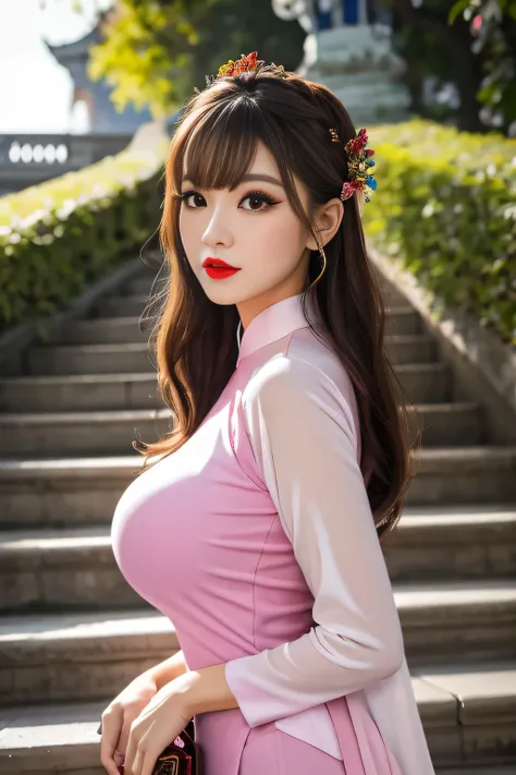 Highest quality, high resolution, masterpiece, colorful to keep.
Super beautiful woman, staring at the viewer, makeup, long false eyelashes, eyeshadows, eyeliners, light red lips, big breasts, updo for short, bangs, big breasts.
Ao Dai, detailed hair ornam...
