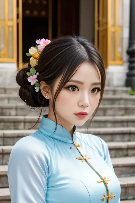 Highest quality, high resolution, masterpiece, colorful to keep.
Super beautiful woman, looks like a intimidating dominatrix, closed mouth, condescending gaze, staring at the viewer, makeup, long false eyelashes, eyeshadows, eyeliners, big breasts, updo fo...