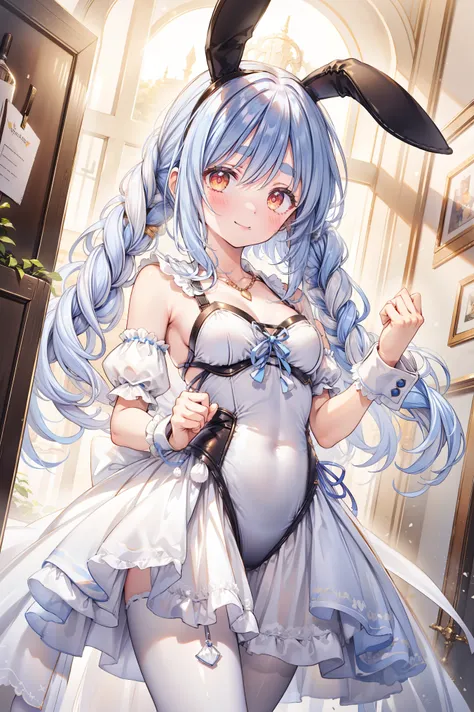 masterpiece, BEST QUALITY BREAK SOLO, , 1 girl, Ultrafine, illustration, interior, Smile, Cowboy Shooter, Gold Necklaces , White punches , white pantyhose, white wristband, DOWN DOUBLE STRAND , fake animal ears, sleeveless, costume cut , Rabbi...