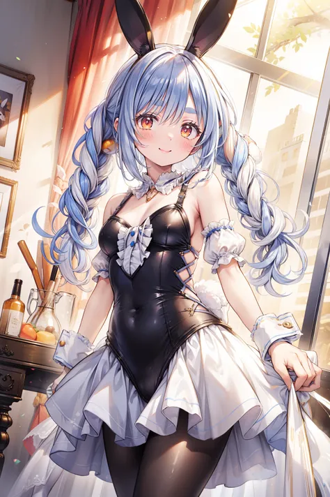 masterpiece, BEST QUALITY BREAK SOLO, , 1 girl, Ultrafine, illustration, interior, Smile, Cowboy Shooter, Gold Necklaces , White punches , white pantyhose, white wristband, DOWN DOUBLE STRAND , fake animal ears, sleeveless, costume cut , Rabbi...