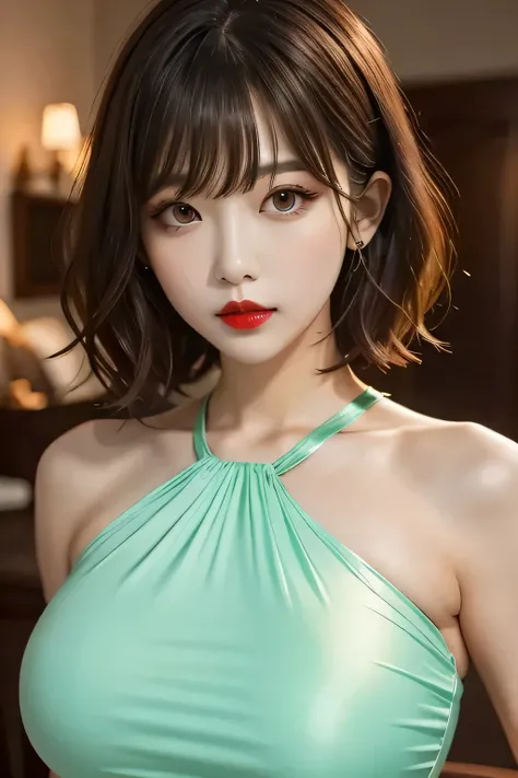 Best Quality, Highest Resolution, Realistic, Colorful and very vivid colors, Masterpieces, Red lips, Bangs, Short wavy bob hair with flashy color highlights, Beautiful woman, She is an intimidating woman, Gorgeous dress that accentuates the large bust, (La...