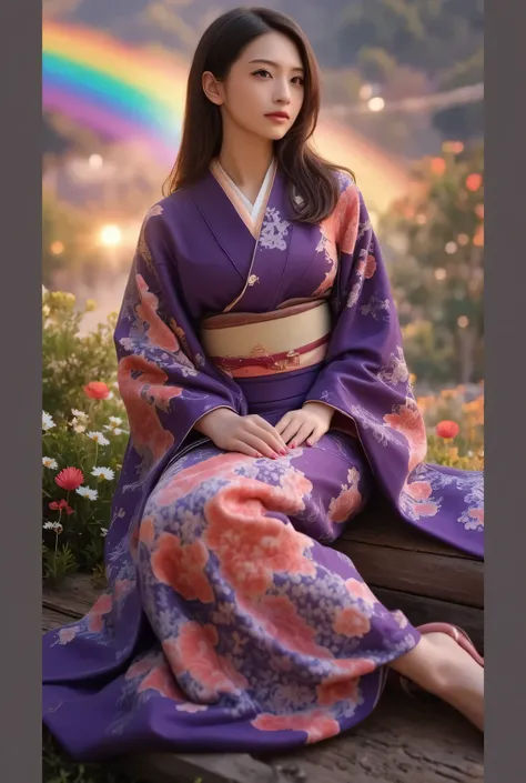 Dreamy Scenery with a Shining Rainbow、Paintings focused on the rainbow、A woman in an elegant kimono、dark eyes、black hair、High Quality Realistic 4K Illustrations、Ultra Fine Details、 Japanese atmosphere 、Clean atmosphere 、professional finish、Vivid Colors、bok...