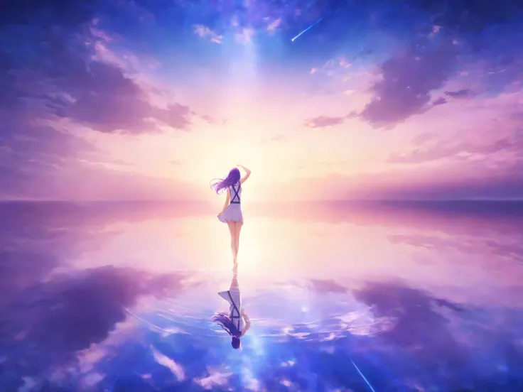 Dreamy Feeling, Purple Color, masterpiece, best image quality, great quality for men and women, very aesthetic, high resolution, ultra-precise, Short skirt length, recent, Scenery, Backride, There is only one person, Women with long light purple hair, Wom...