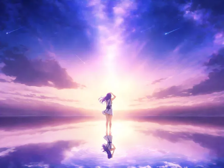 Dreamy Feeling, Purple Color,  masterpiece, best image quality, great quality for men and women, very aesthetic, high resolution, ultra-precise, Short skirt length, recent, Scenery, Backride, There is only one person, Women with long light purple hair, Wom...