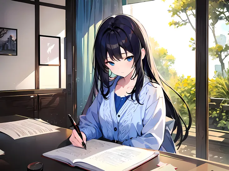 Japanese Female Artist、Black and long hair、Up-and-coming、Writing Using a Fountain Pen on Manuscript Paper、sunlight filtering through the trees、Writing about the Table by the Window、white blouse、Light Blue Knitted Cardigan